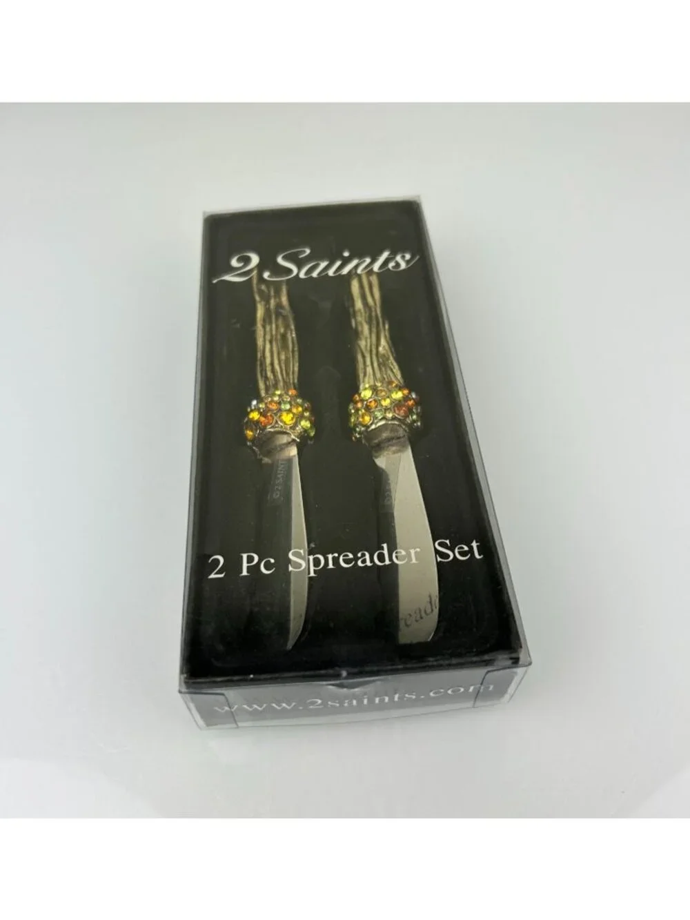 2 Saints Butter Cheese Spreader Knife Set Rhinestone Wood Bark Fall Metal READ